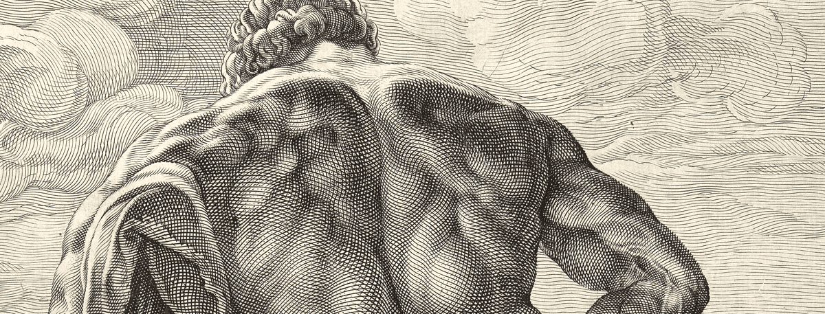 Detalhe das costas do Hércules Farnese, gravura de Hendrick Goltzius